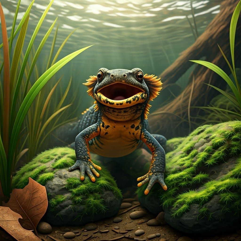 Lifelike Closeup of a Big Orange-Crested Newt in Algae-Cover...