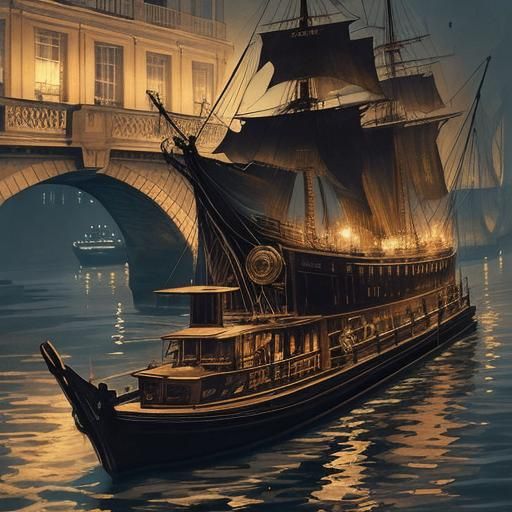Steampunk Boat Silhouette on the Thames