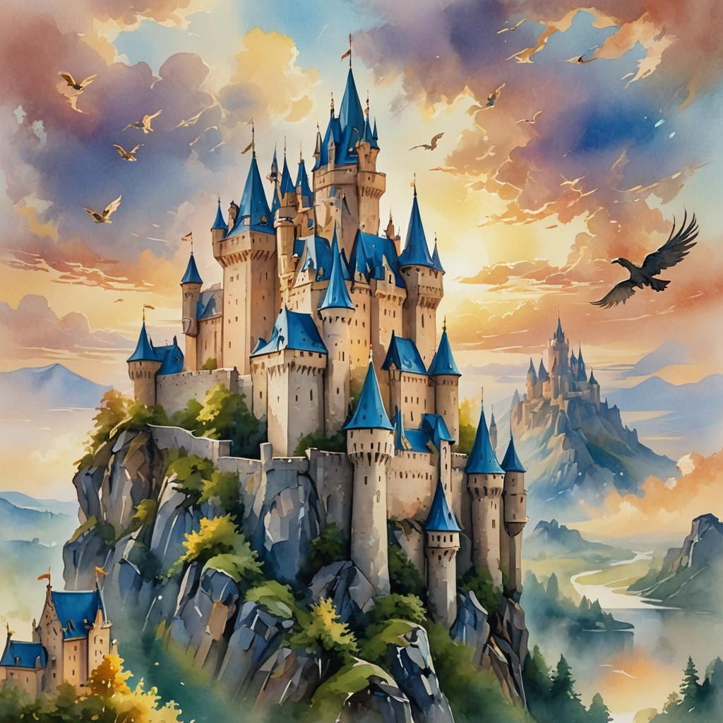Fantasy Castle with Gryphons in Watercolor Style