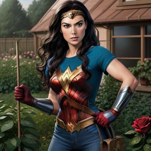 Wonder Woman Pruning Roses in Comic Book Style