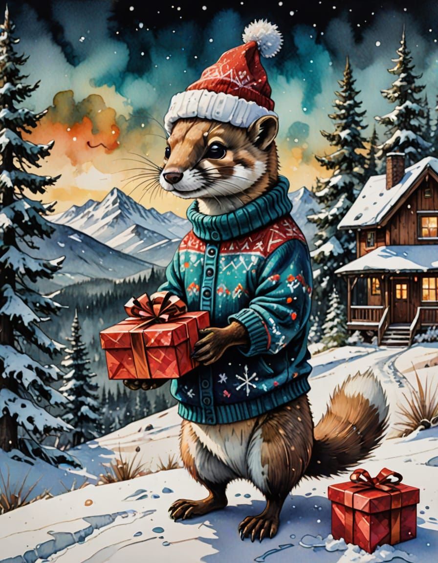 Cute Weasel in Snowy Wonderland with Christmas Gift