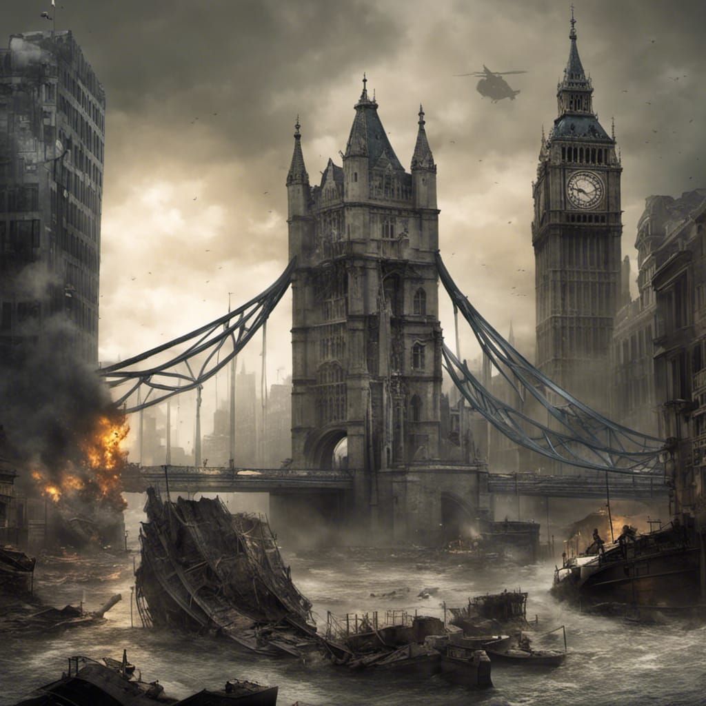 Post-Apocalyptic Flooded London with Destroyed Bridge