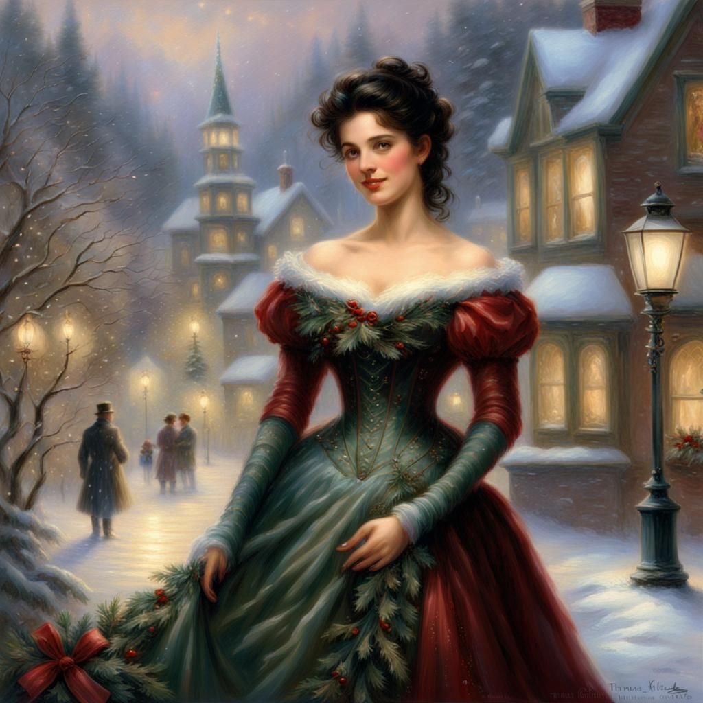 Victorian Woman in Christmas Gown, Ethereal Fantasy Style