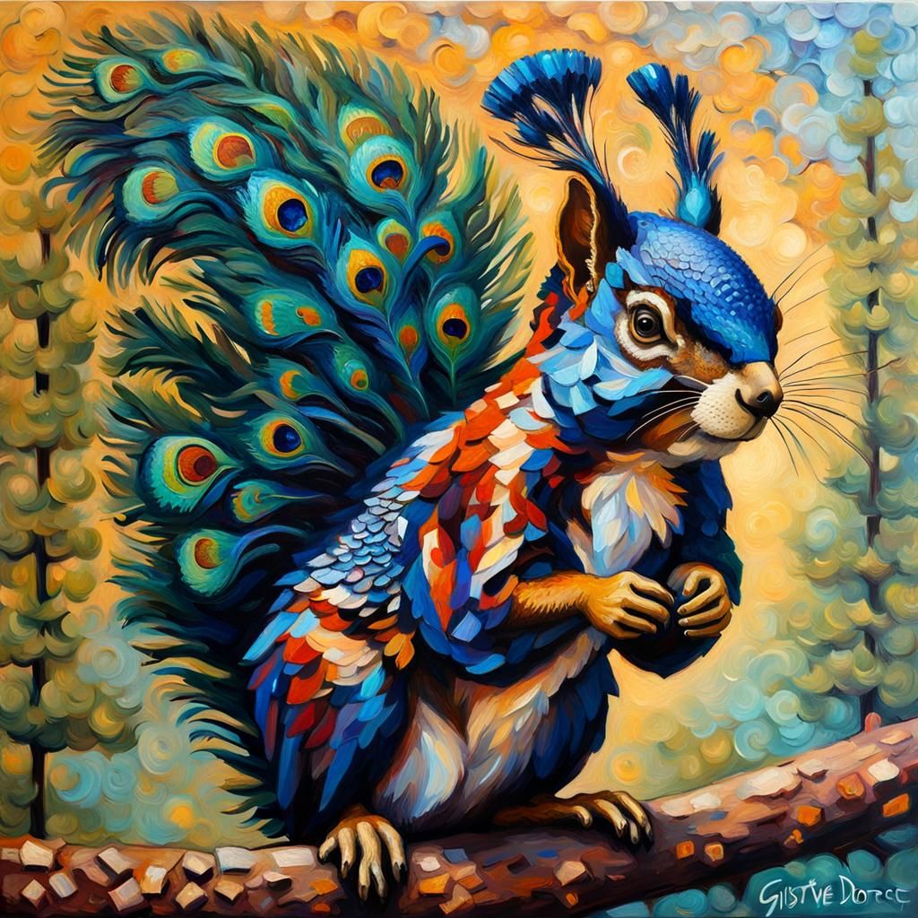 Squirrel Peacock Hybrid in Expressionist Impasto Style
