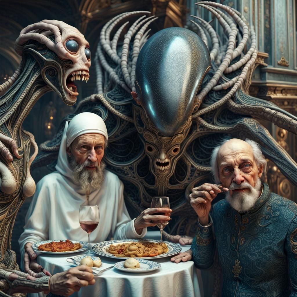 Futuristic Feast of Alien Beings in Dreamlike Setting