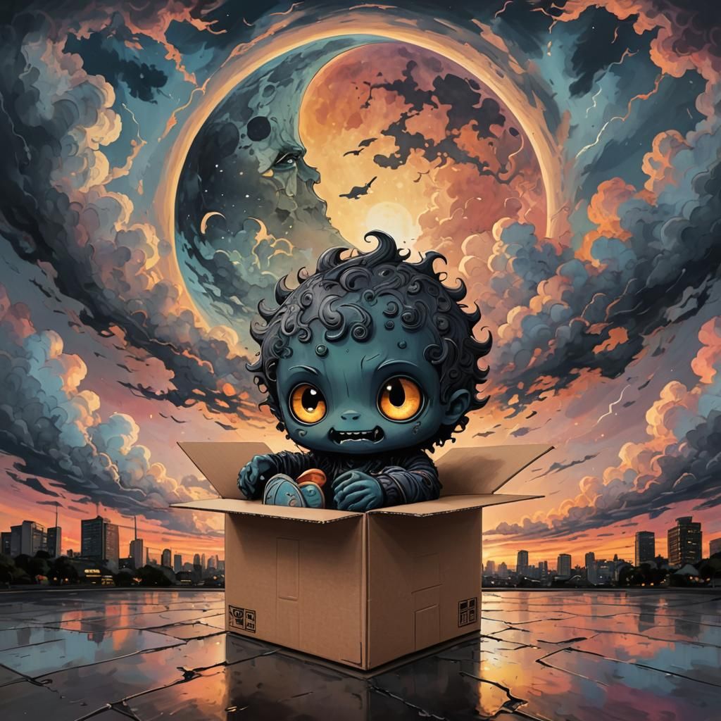 Chibi Monster Silhouette in Stormy Sunset