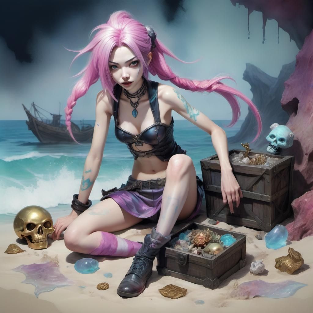 Jinx sitting next to a treasure washed ashore