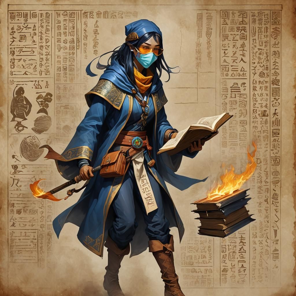 Sorceress Studying Hieroglyphs by Burning Book
