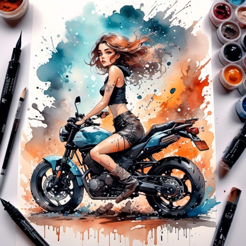 Motorcycle Rider in Watercolor Sunset, Ink Art