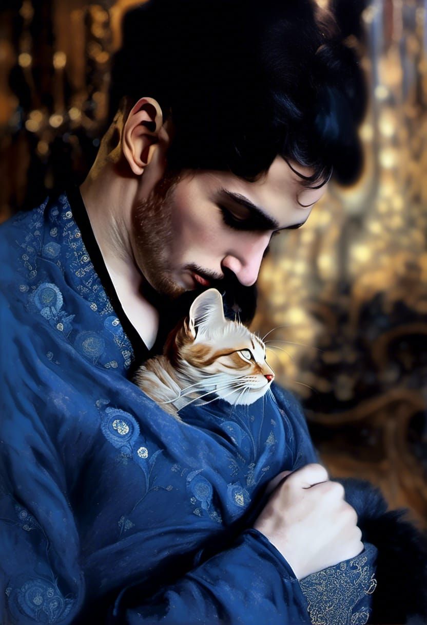 Art Nouveau Portrait: Young Man and Cat