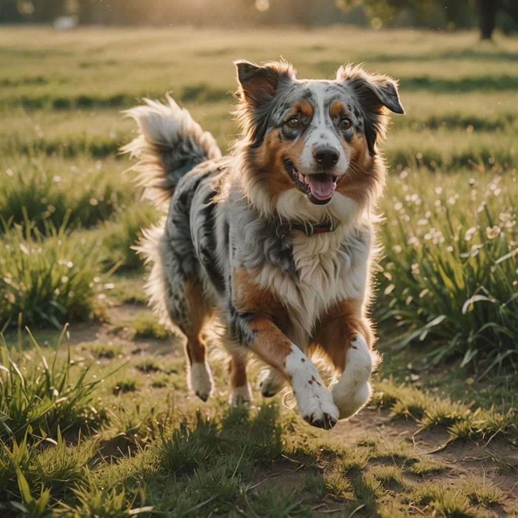 Australian Shepherd Runs Through Meadow: Cinematic Film Stil...