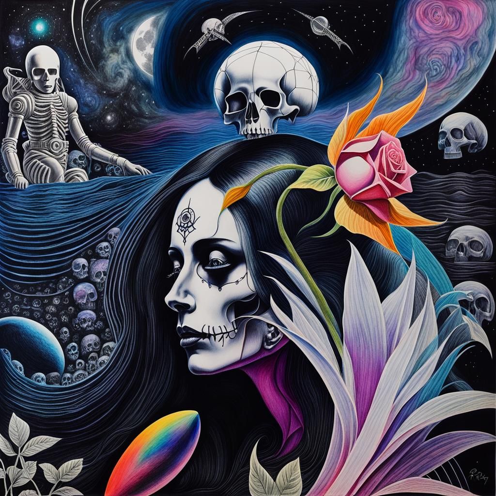 Surreal Crayon Drawing of Goth Woman in Pain