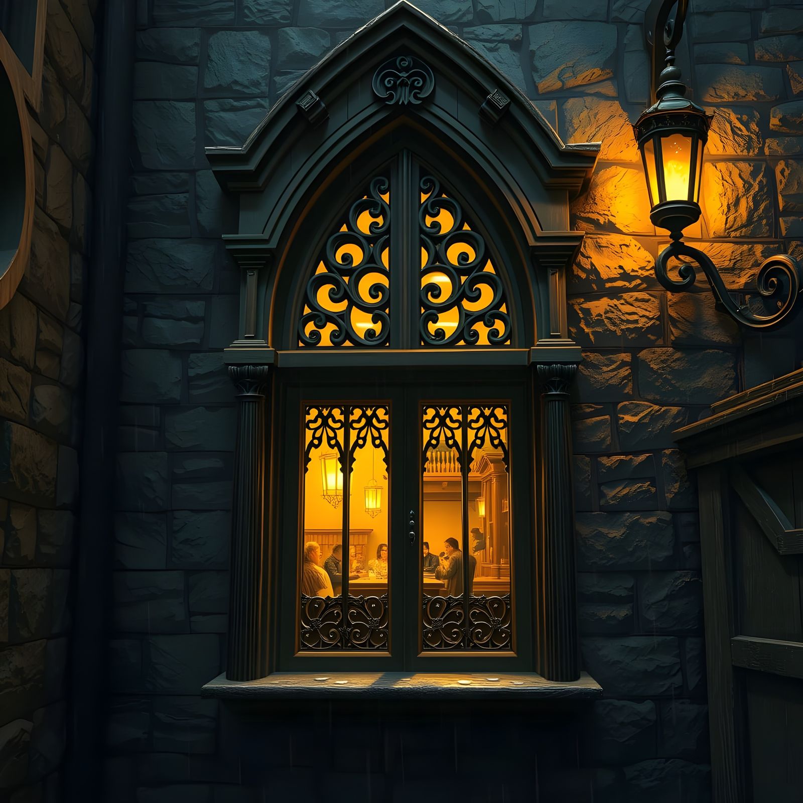 Glowing Tavern Window on Rainy Night in Medieval Fantasy