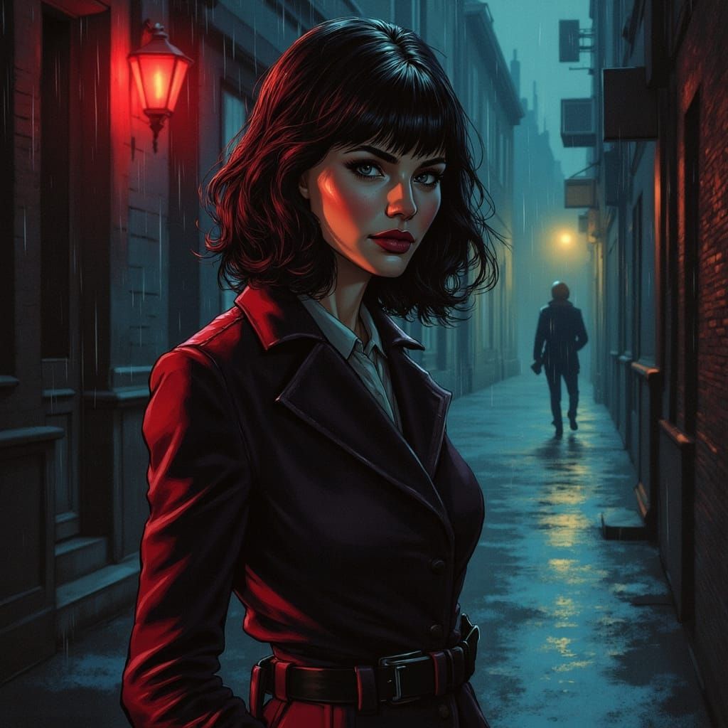 Film Noir Woman in Rainy European Alleyway