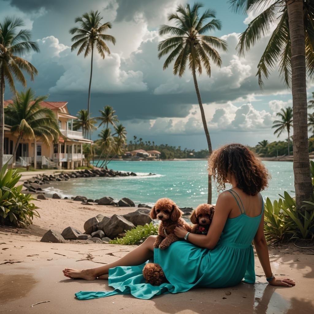 Girl and Dog Enjoying Tropical Coastal Scenery