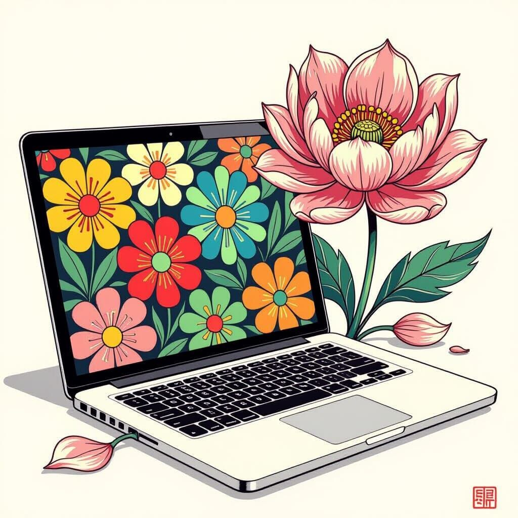 Whimsical Laptop Adorned with Vibrant Floral Patterns