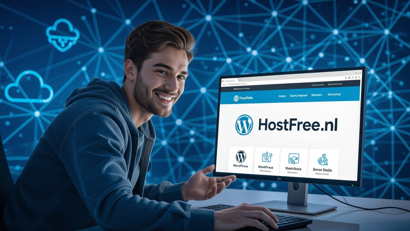 Enthusiastic Man Interacting with HostFree.nl in Dystopian S...