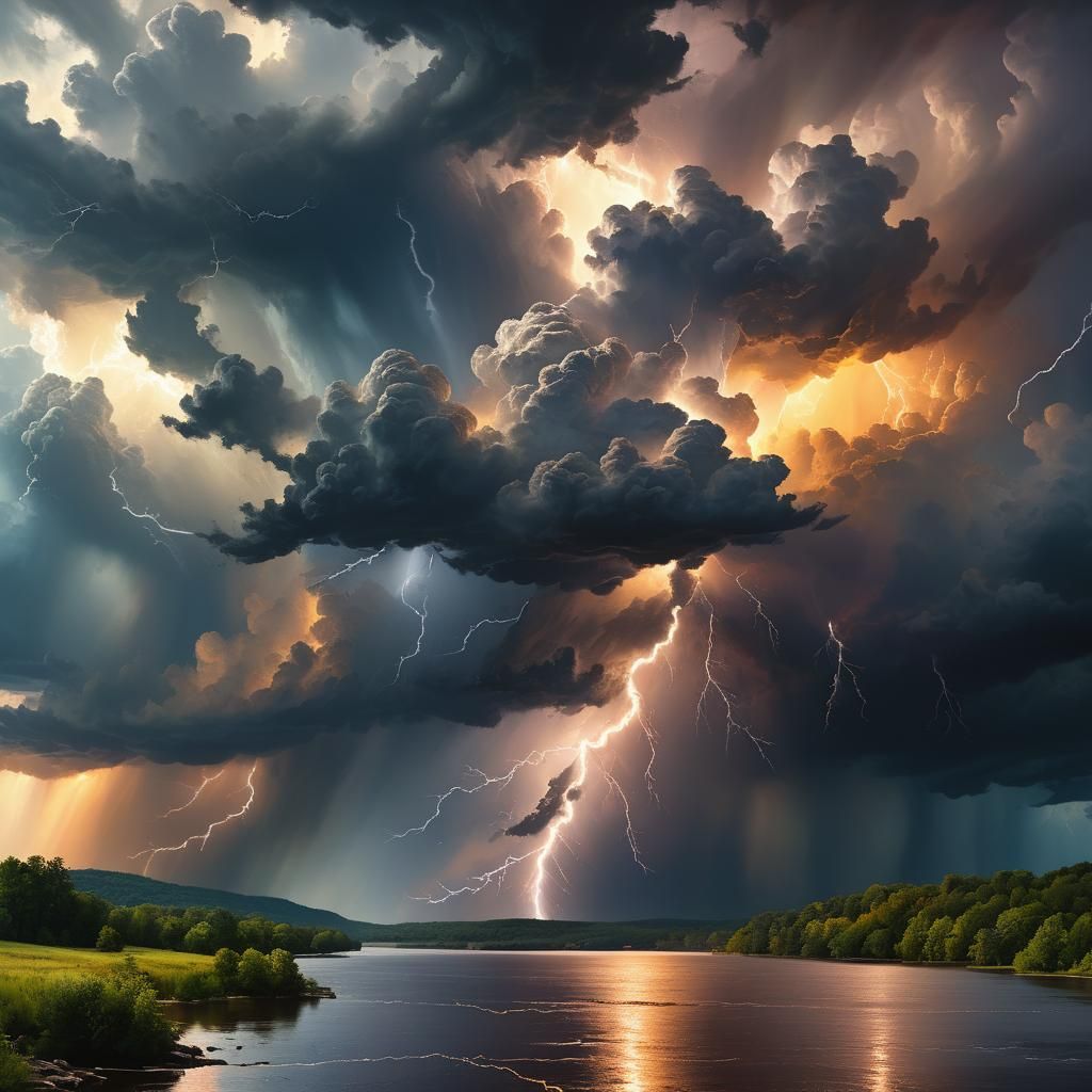Stormy Landscape with Lightning in Hudson River Style