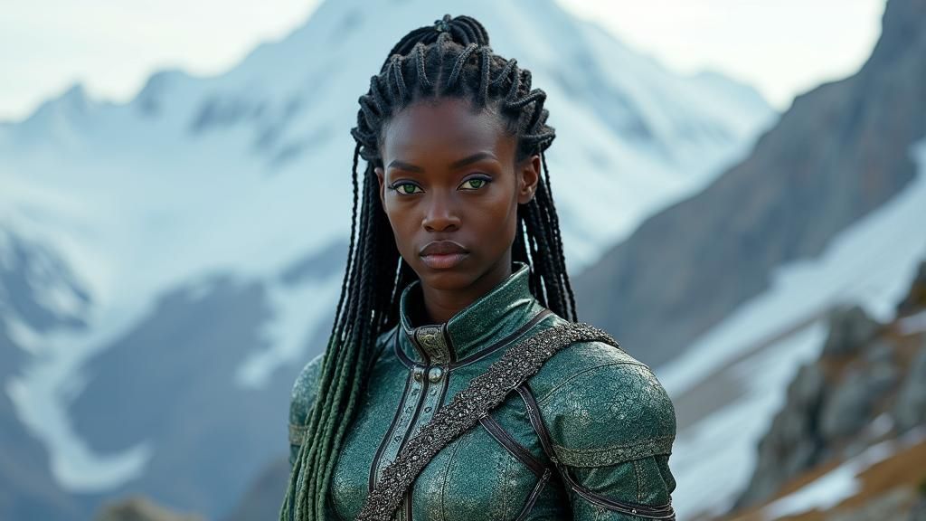 Confident Woman in Metal Armor, Alpine Portrait