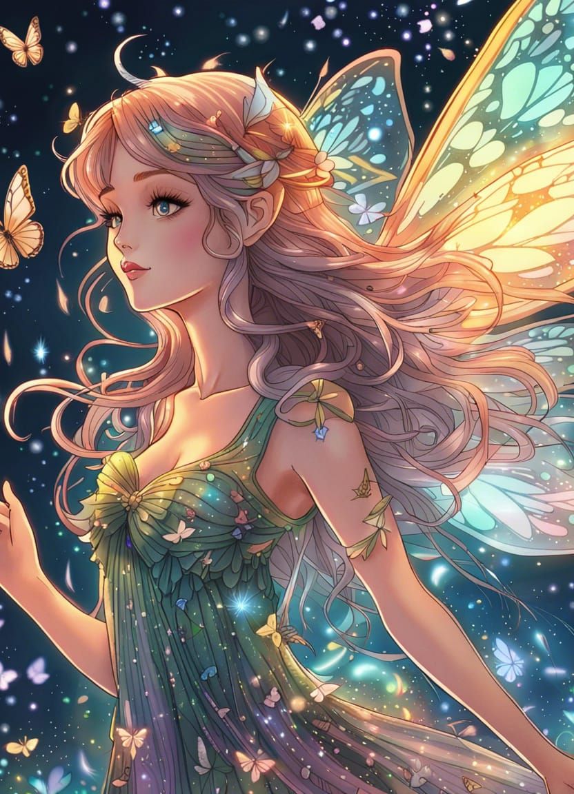 Anime Fairy with Holographic Dress in Magical Forest