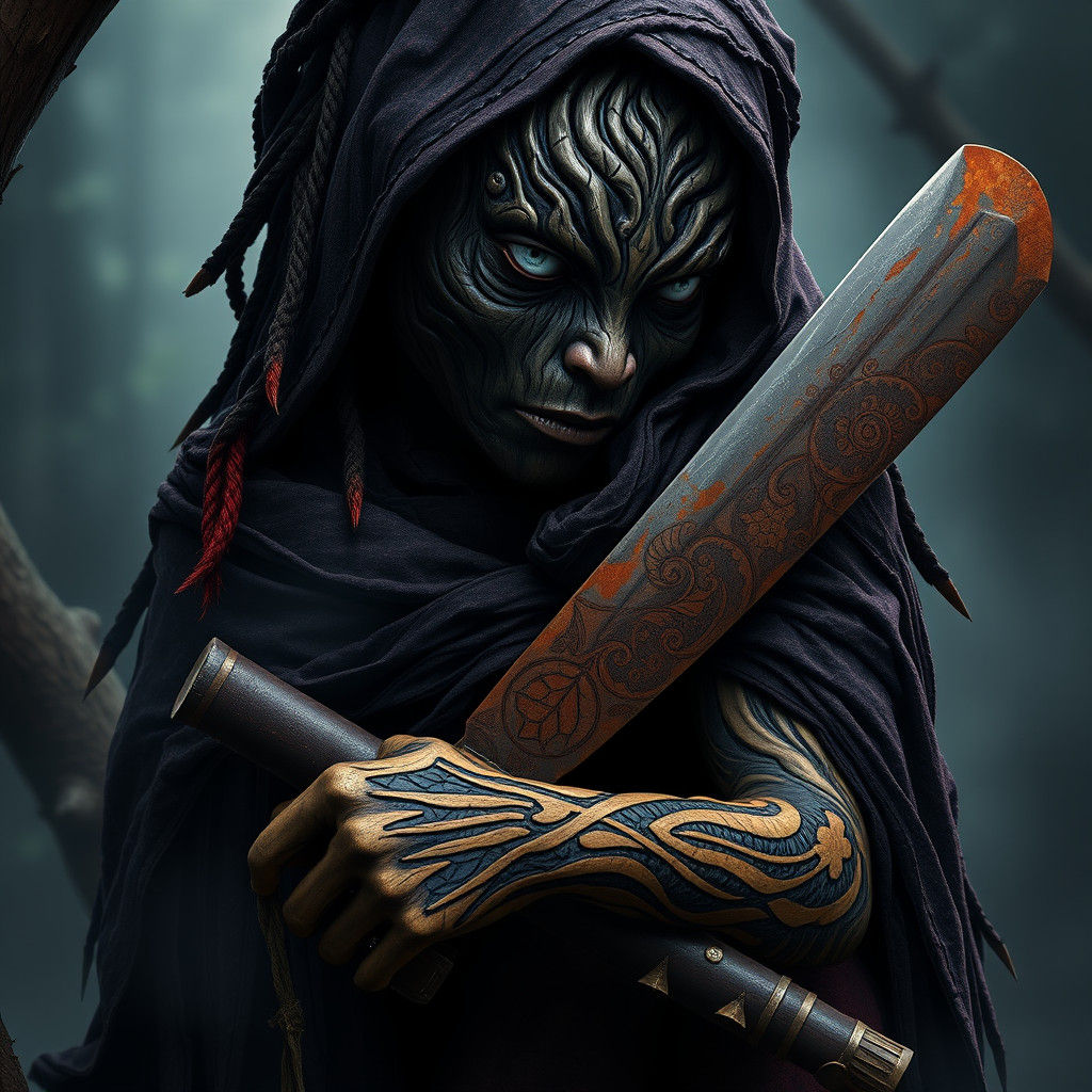 Wooden Spirit with Machete in Dark Fantasy Style