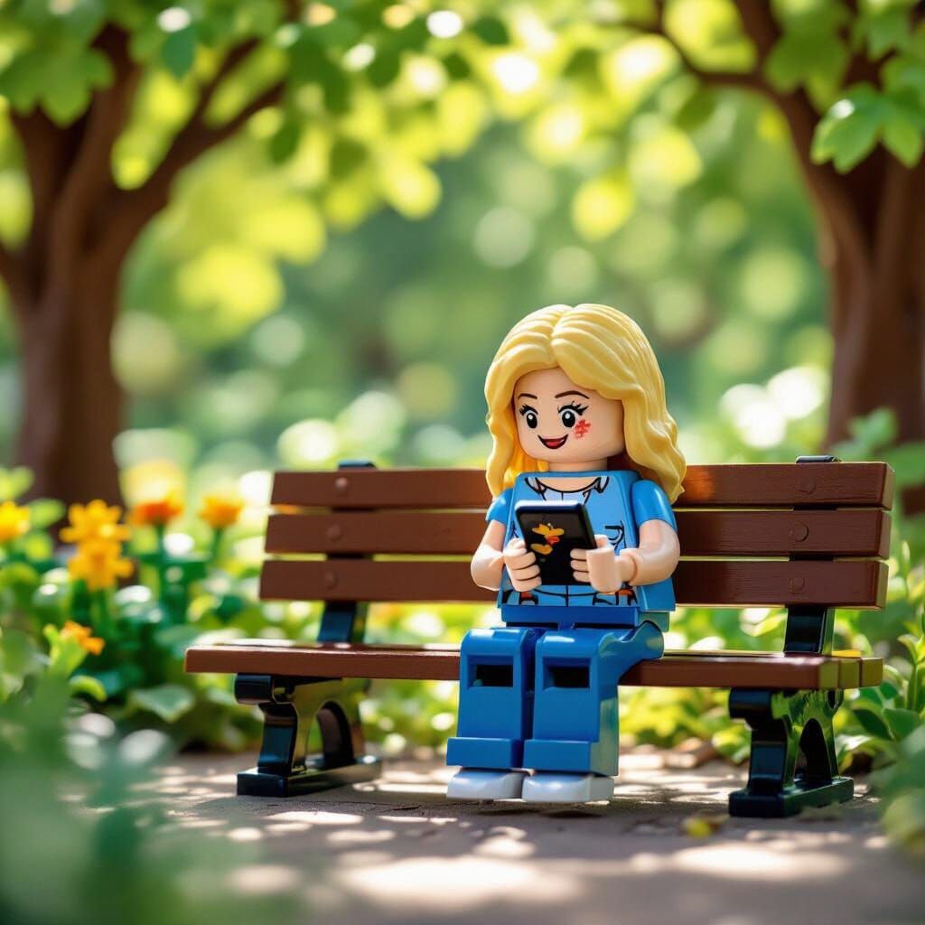 Lego Girl on Bench Watching Roblox Chef Video in Digital Art...
