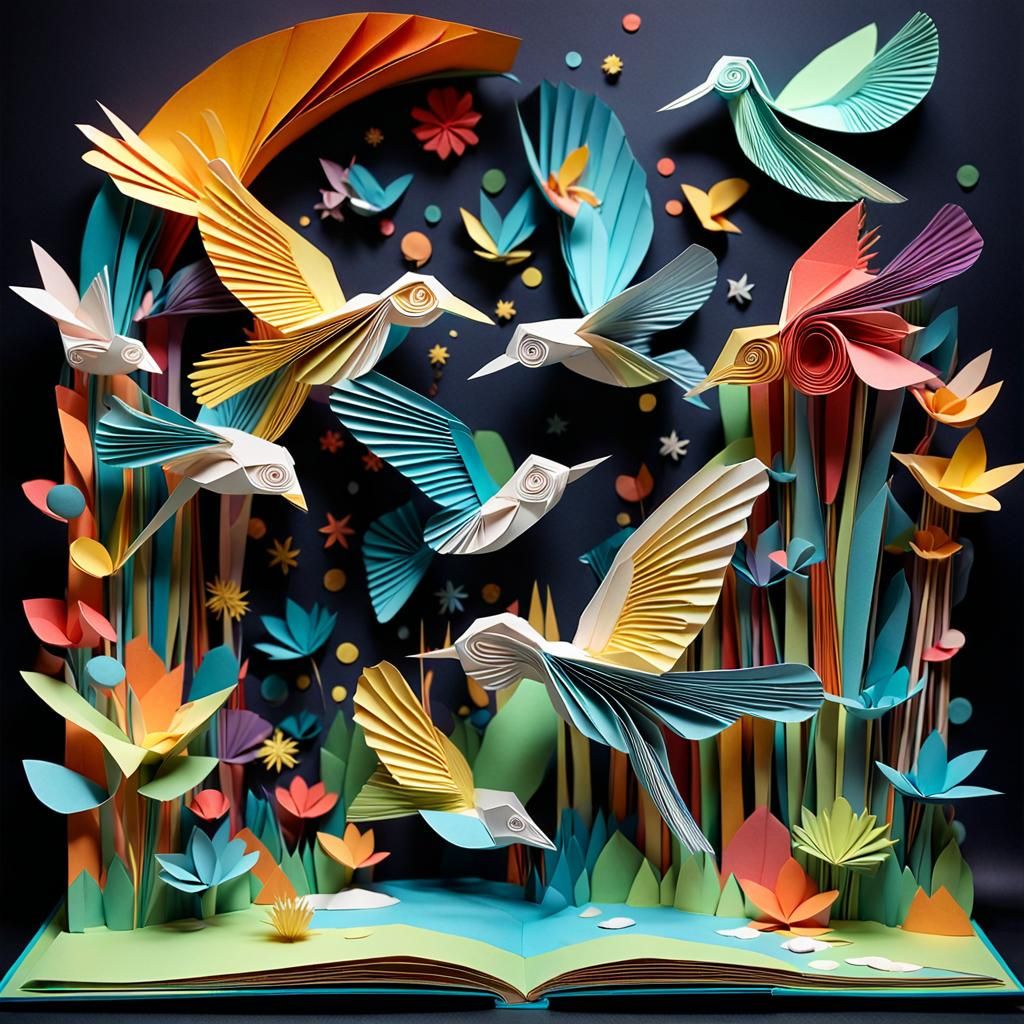 Paper sculpture art installation, colorful pop-up book design