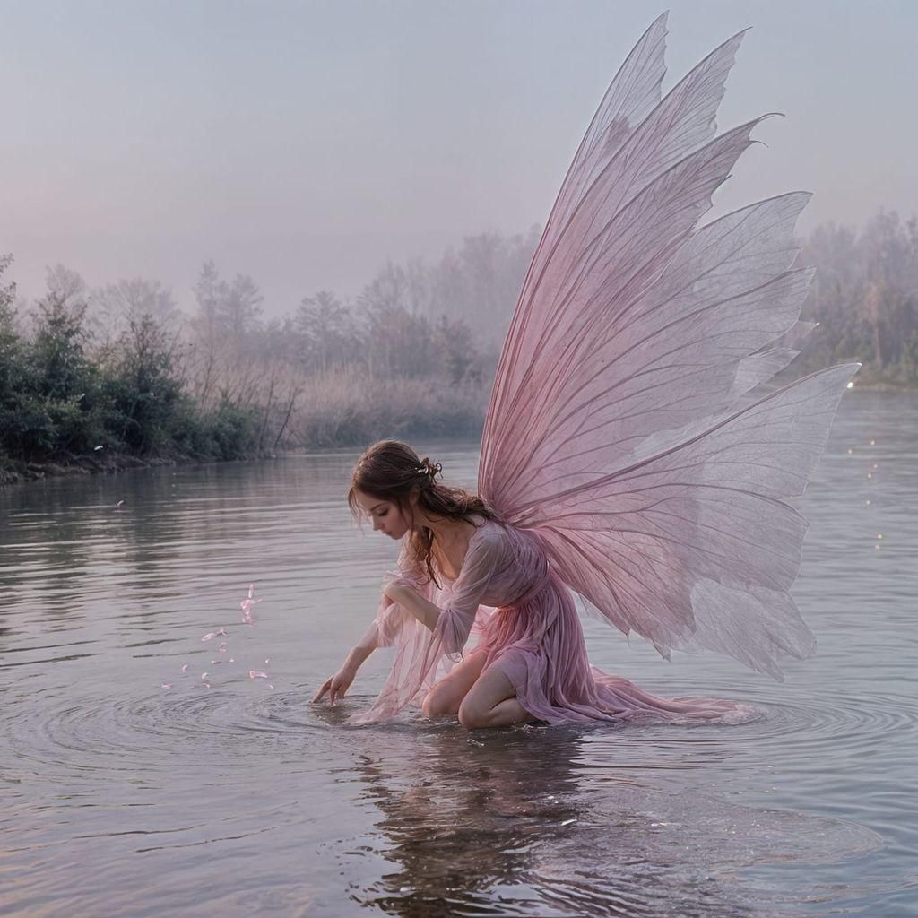 Pink Fairy Drinks in Forest Pool