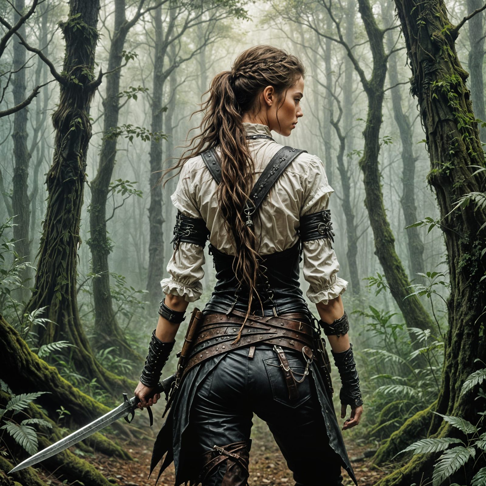 Dark Fantasy Adventuress Cuts Through Enchanted Forest in Lu...