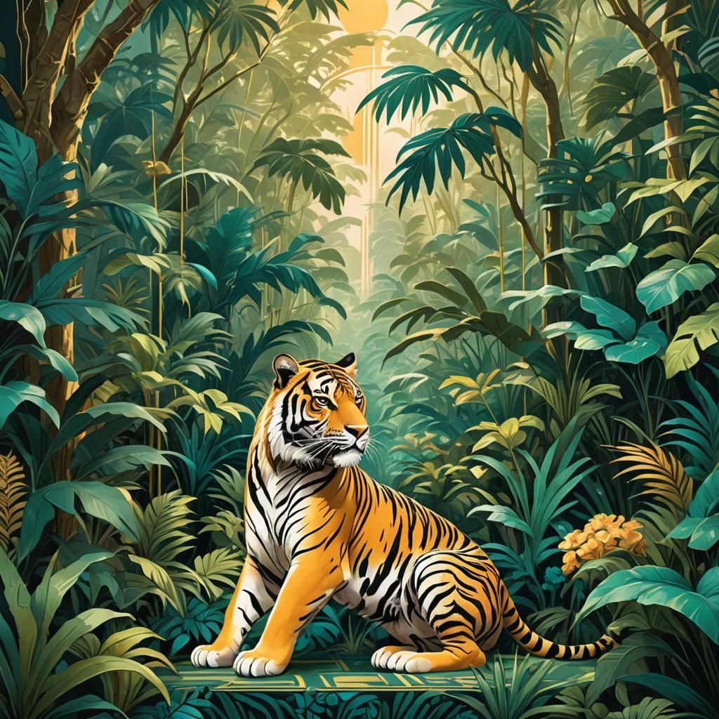 Art Deco Ozma and Tiger in Jungle