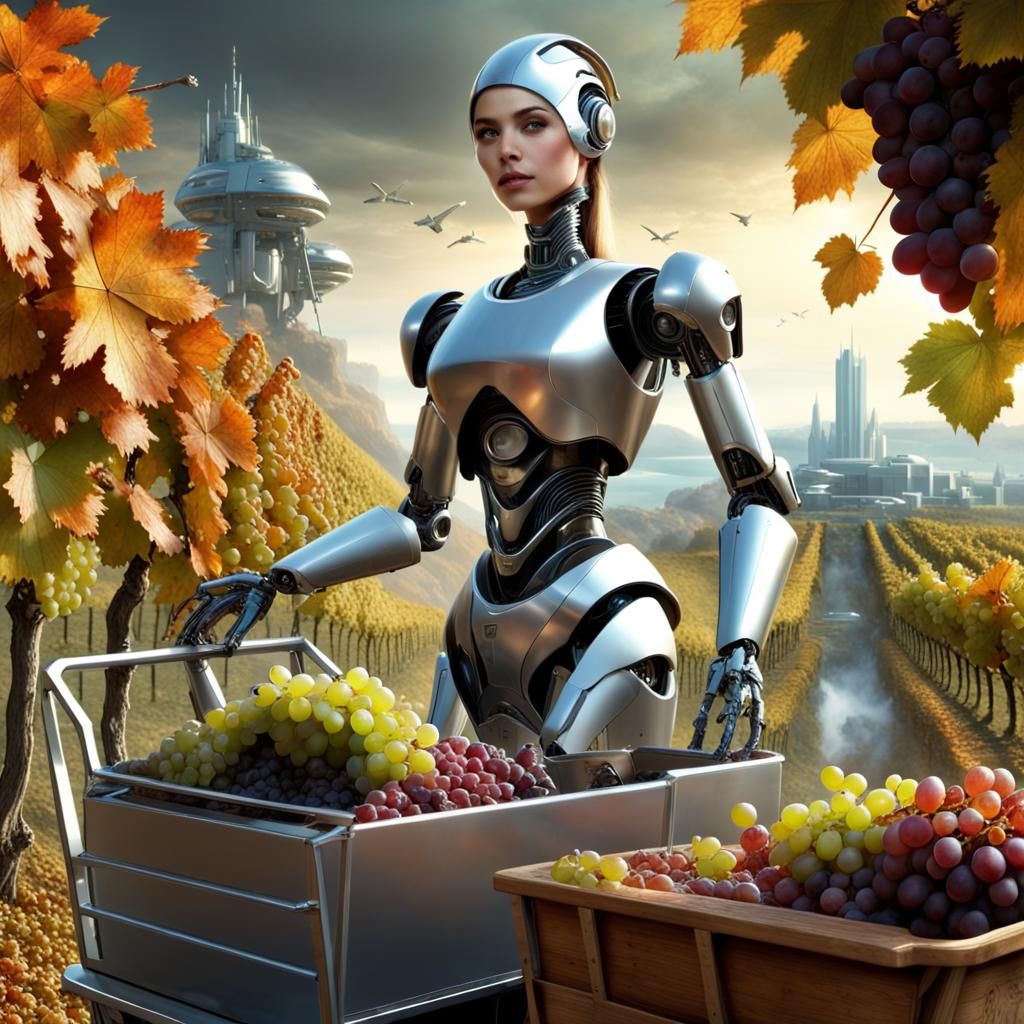 Autumn Vineyard: Robot Harvest in Futuristic City