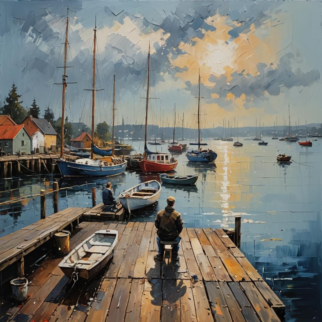 Impasto Dock Scene with Palette Knife Textures