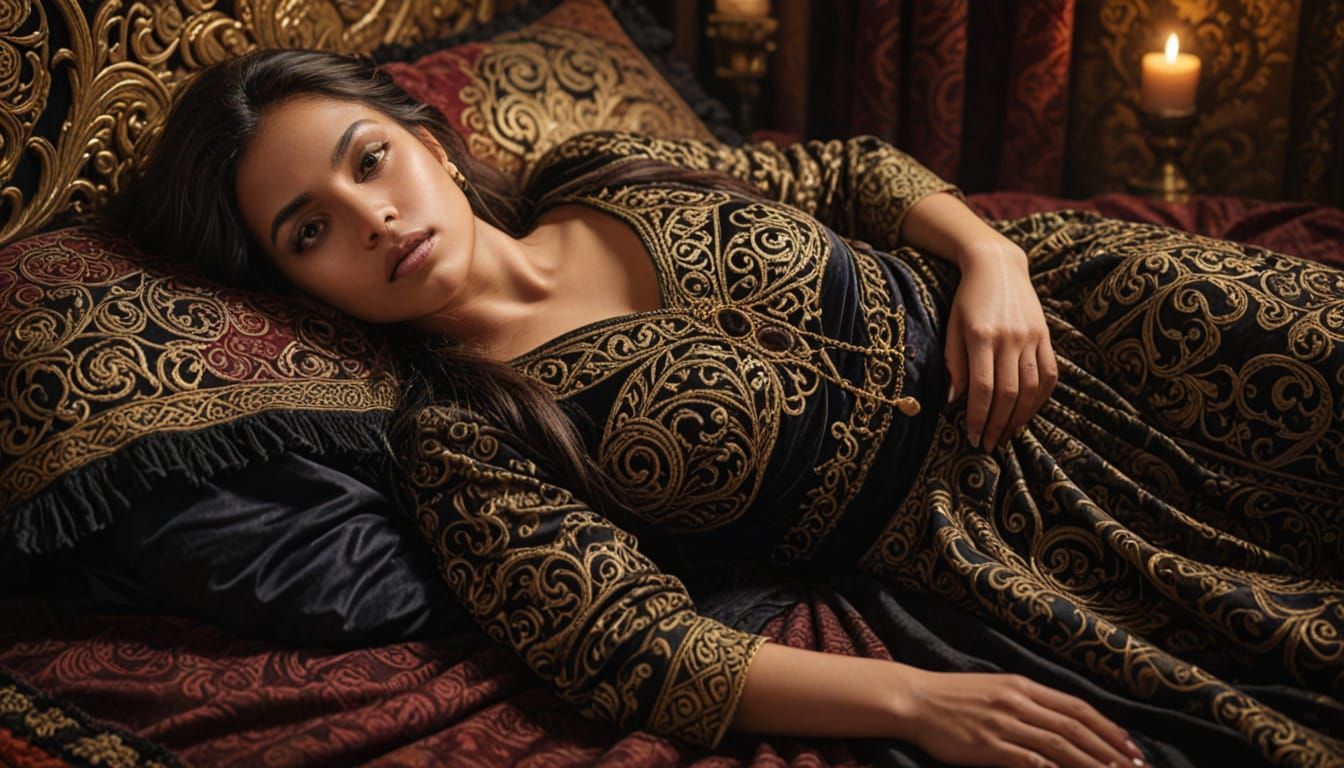 Indian Woman in Wiccan Dress on Velvet Bed