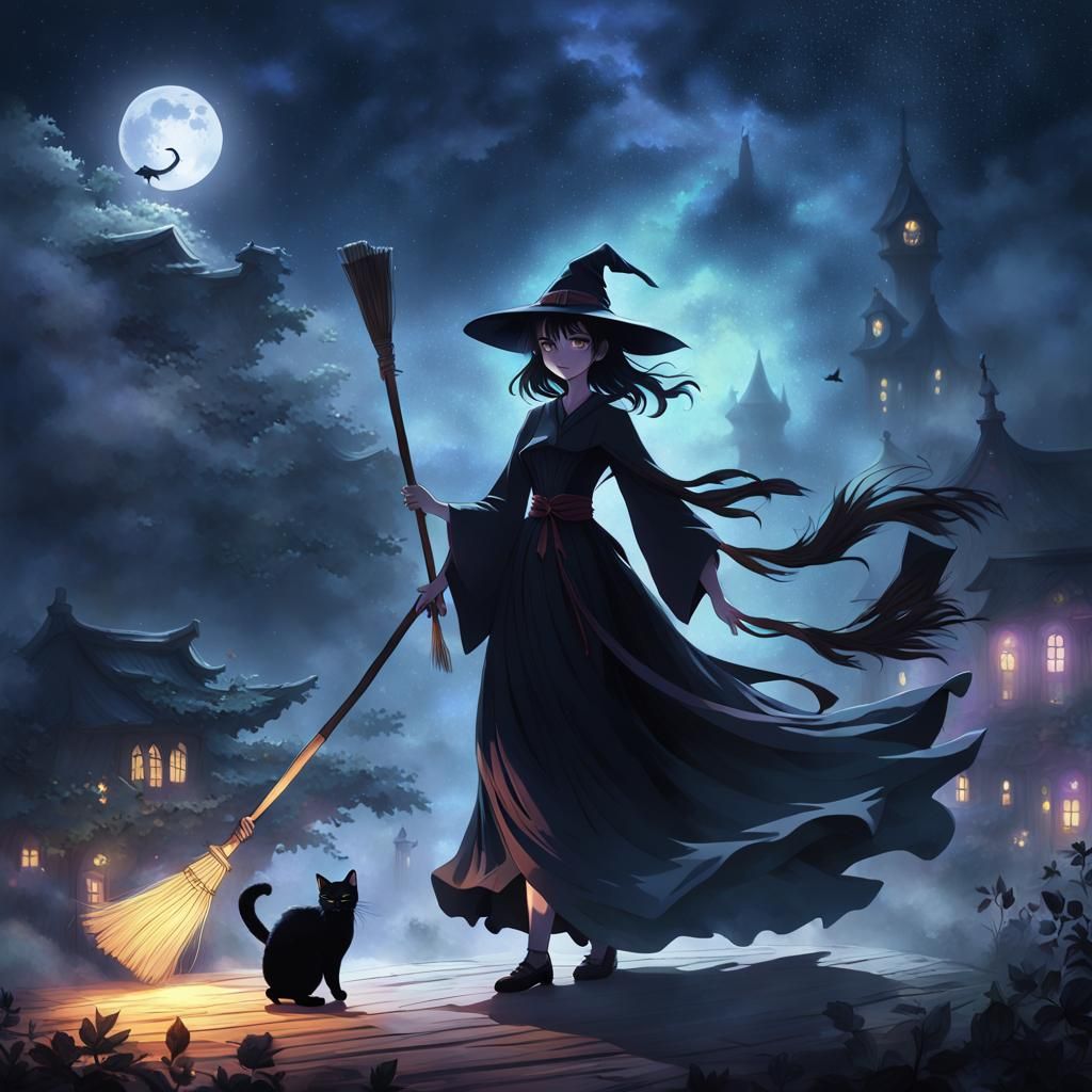 Anime Witch and Black Cat Fly Through Misty Night