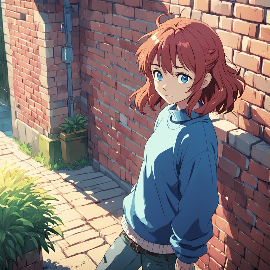 Surreal Anime Girl Waves Beside a Brick Wall in Soft Focus