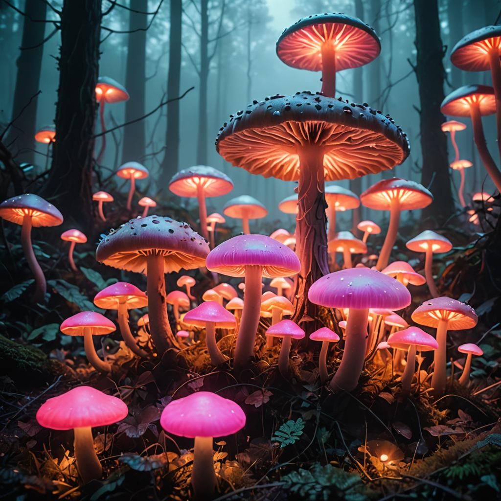 Glowing Fluorescent Mushroom Forest in Neon Futurism