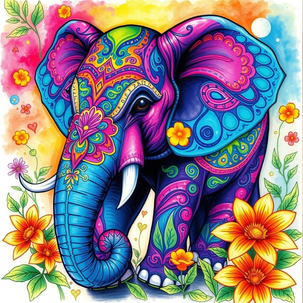 Vibrant Neon Elephant in Pencil Sketch Style