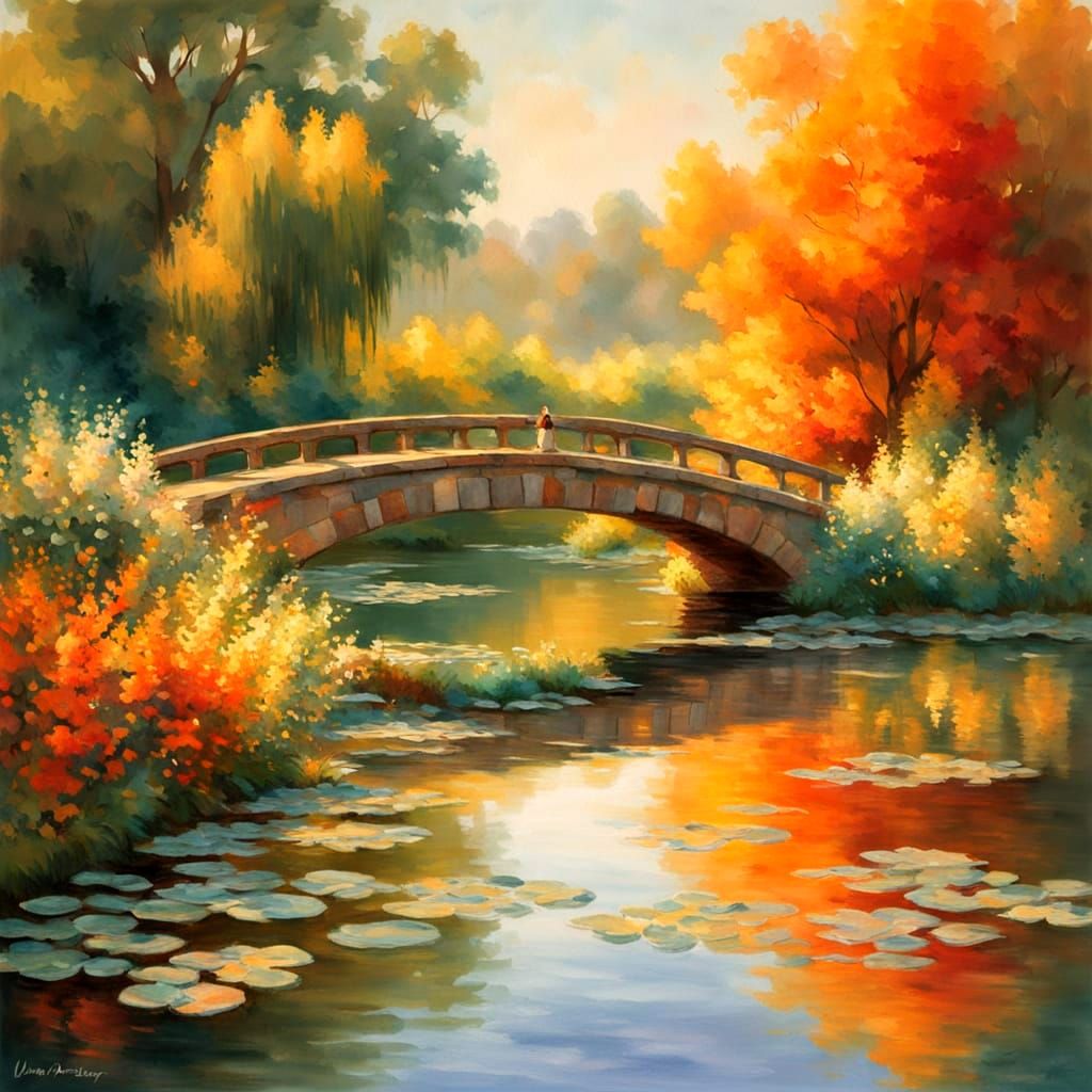 Glorious Sunset Bridge with Retro Stone Arch and Vibrant Col...