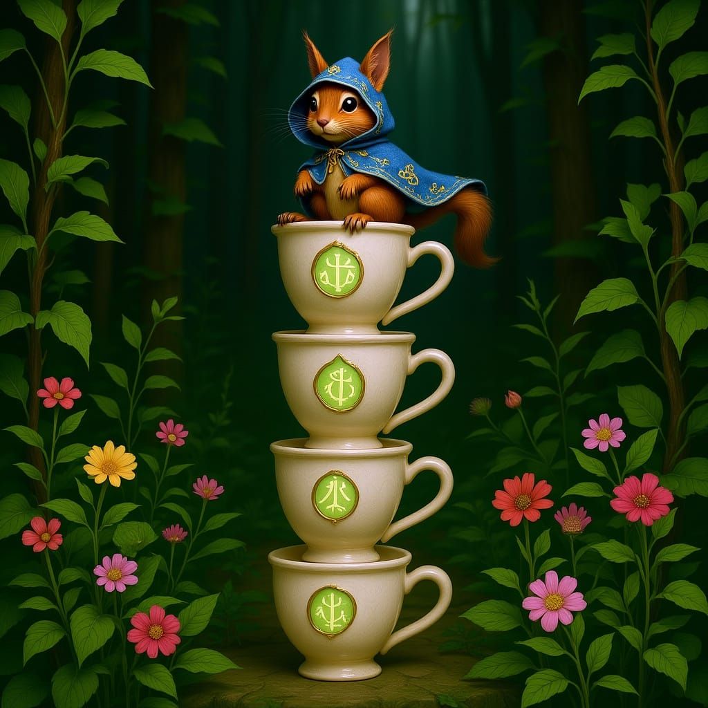 Squirrel on Mugs with Glyphs in Art Nouveau Style