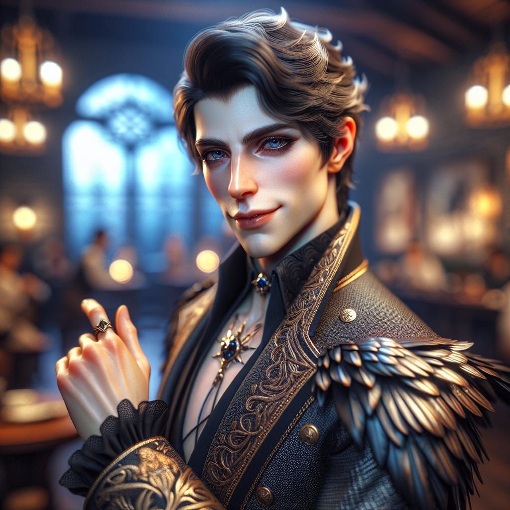 D&D Character in a fantasy tavern, big eyes, sly smile