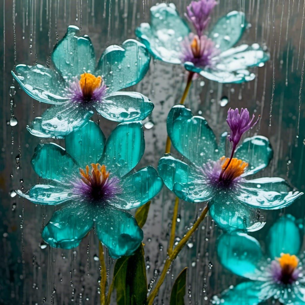 Transparent Flowers in Rain, Double Exposure Floral Art