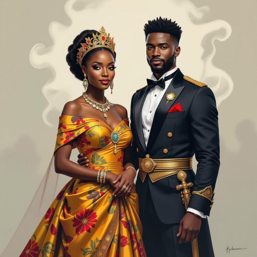 African Queen Ọlioma with Prince, in Digital Painting Style