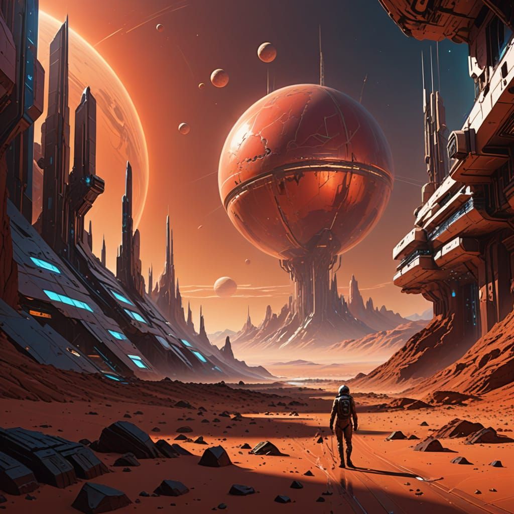 Futuristic Martian Cityscape with Iridescent Buildings