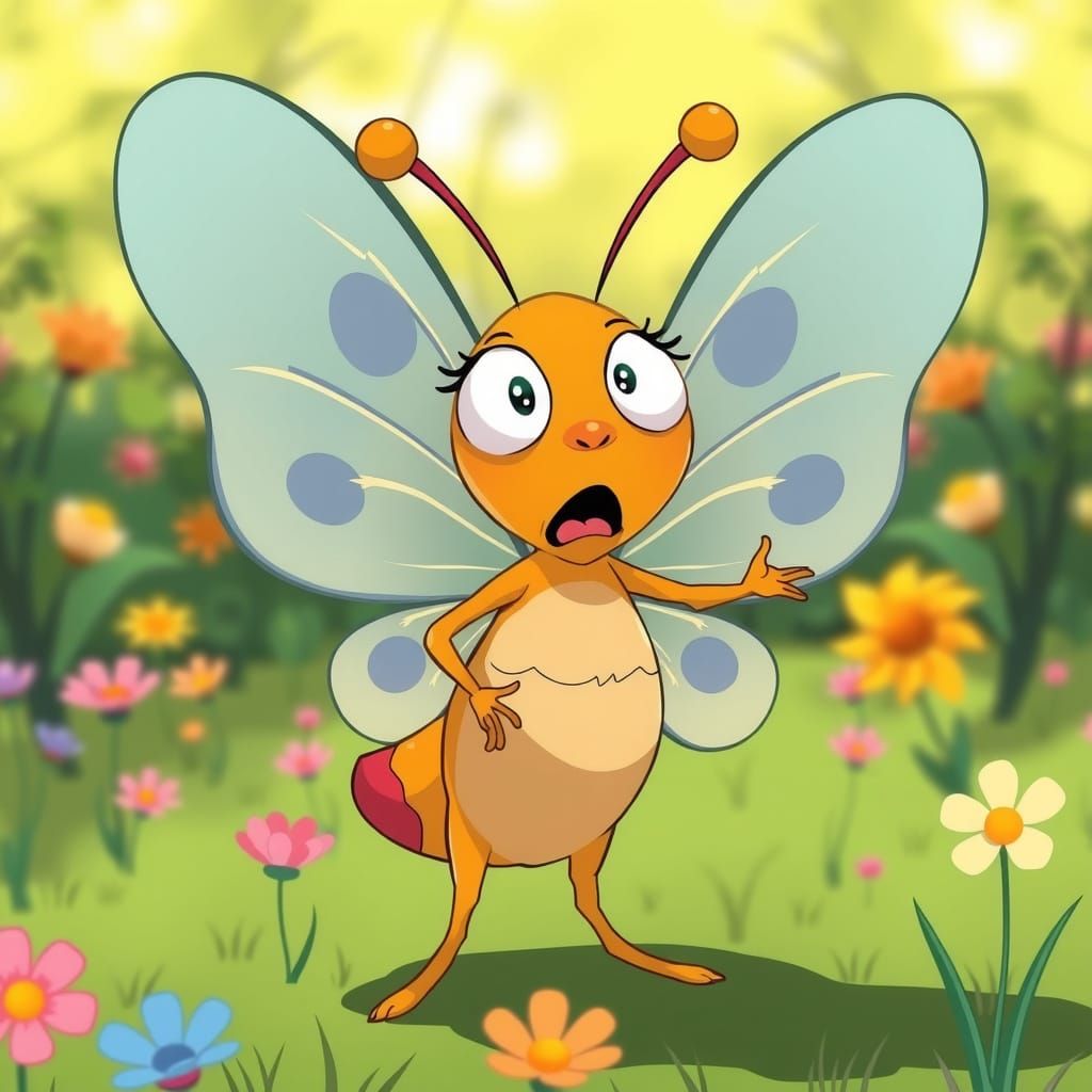 Shocked Butterfly in Whimsical Cartoon Style