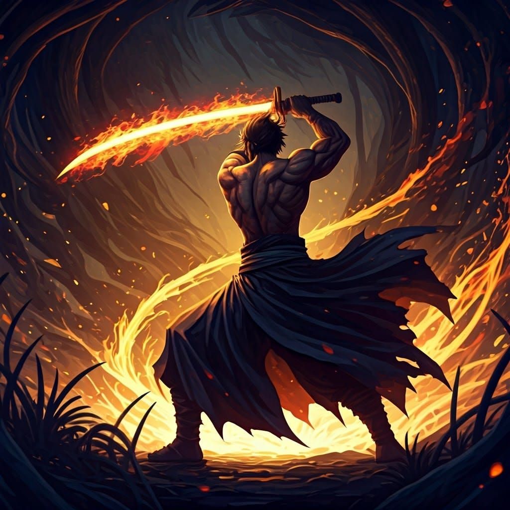 Dynamic Swordsman with Fire Katana in Enchanted Forest