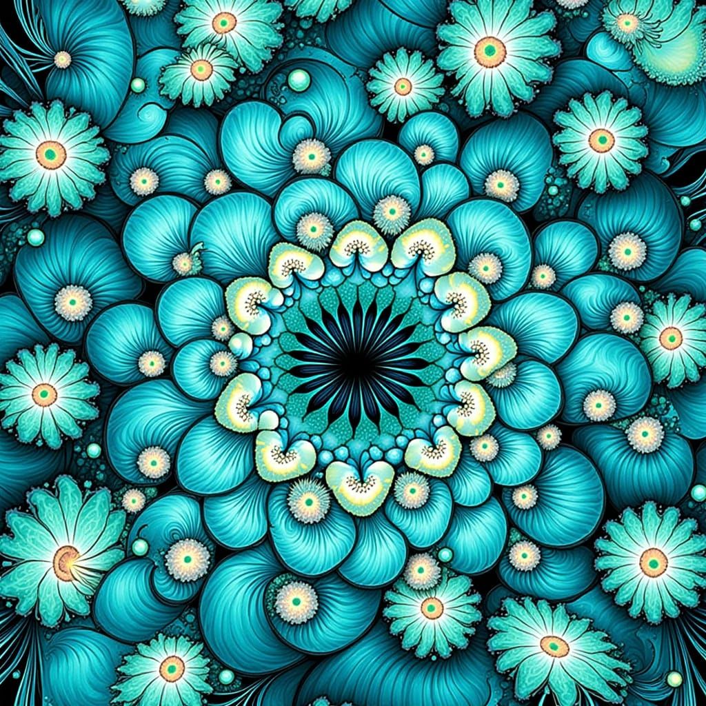 Vibrant Turquoise Fractal Blooms in Intricate Patterns