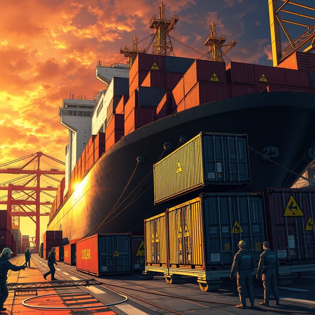 Container Ship Loading Hazardous Cargo in Anime Style