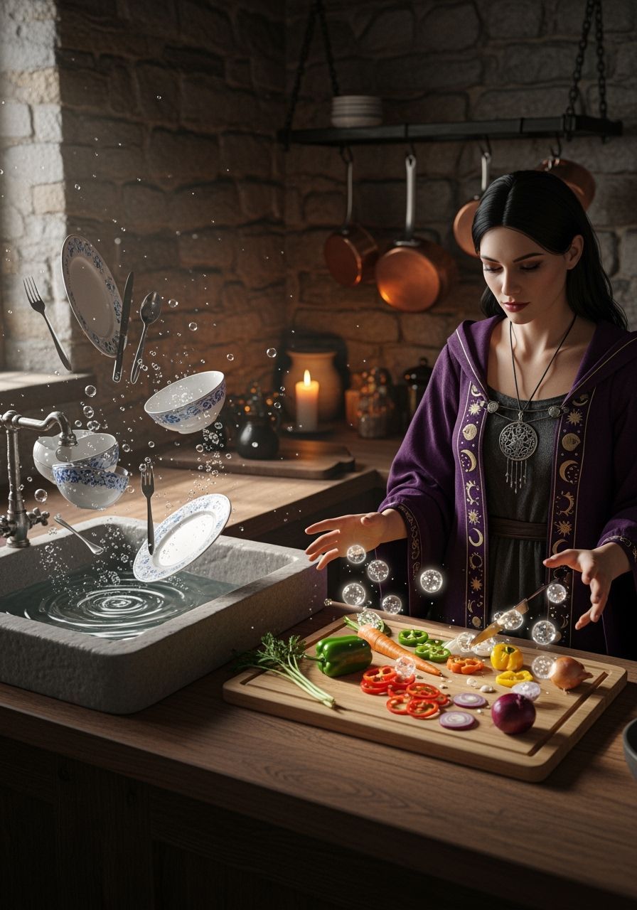 Witch Levitating Vegetables in Rustic Kitchen