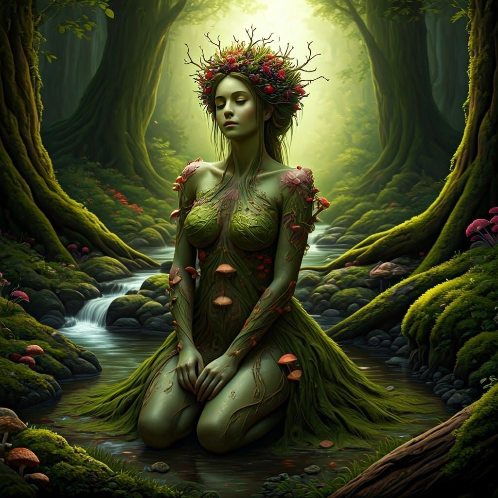 Woman Emerges from the Forest as a Lush Tapestry of Nature