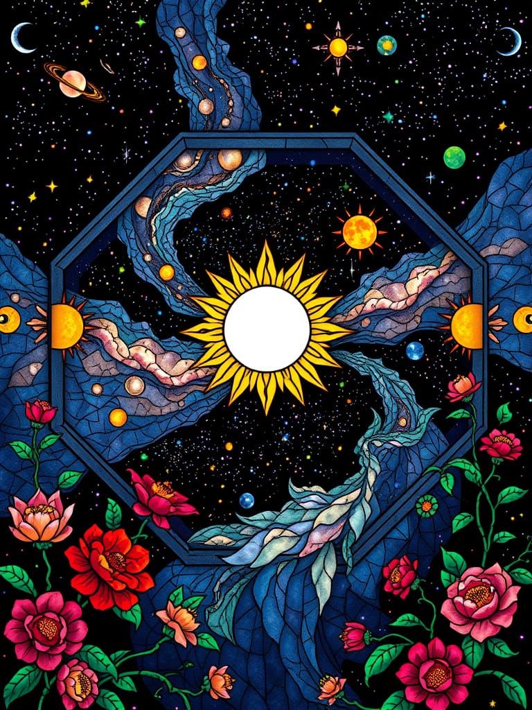 Galactic Stained Glass Universe in Art Nouveau Style